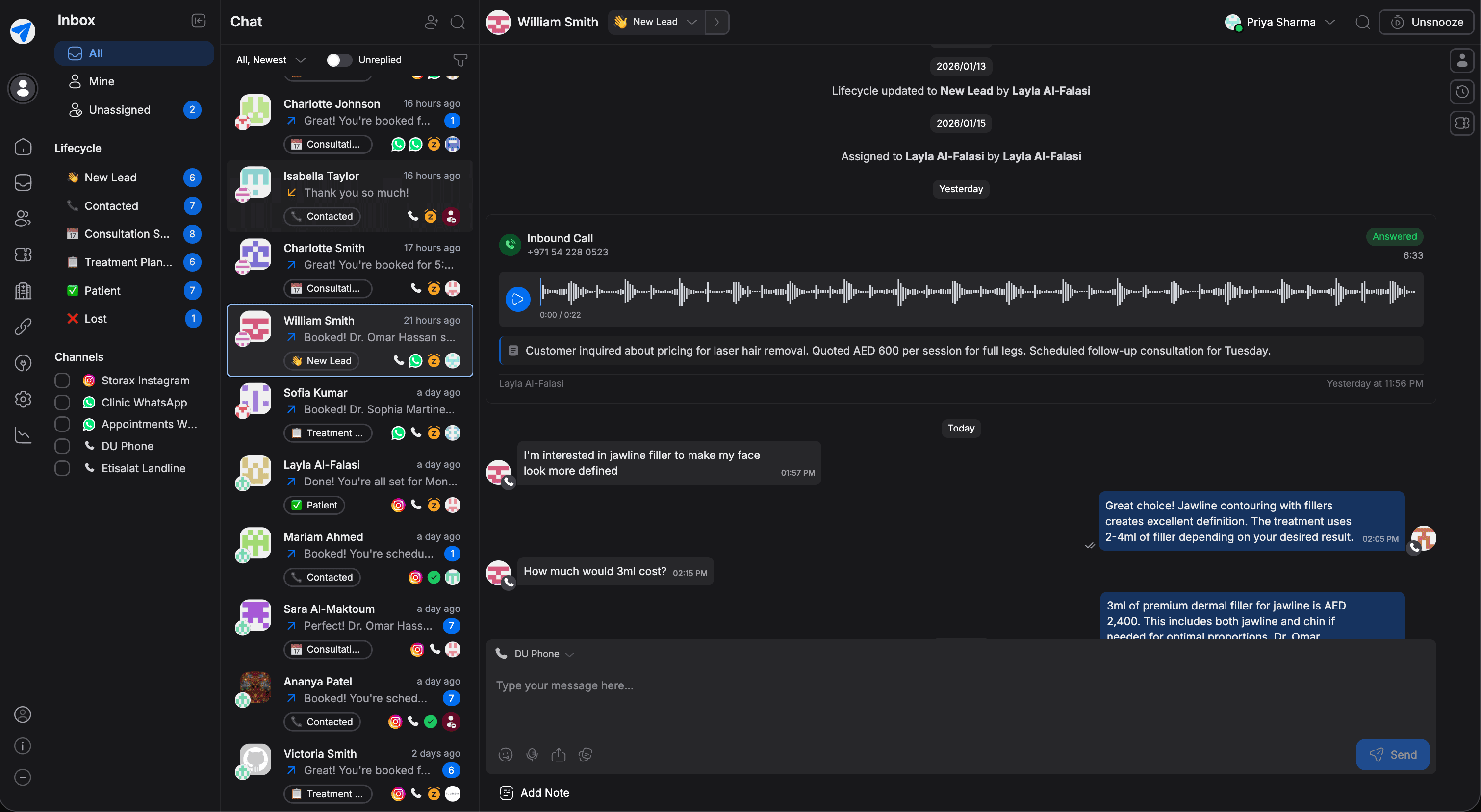 Replyn unified inbox showing conversations from WhatsApp, Instagram, and other channels
