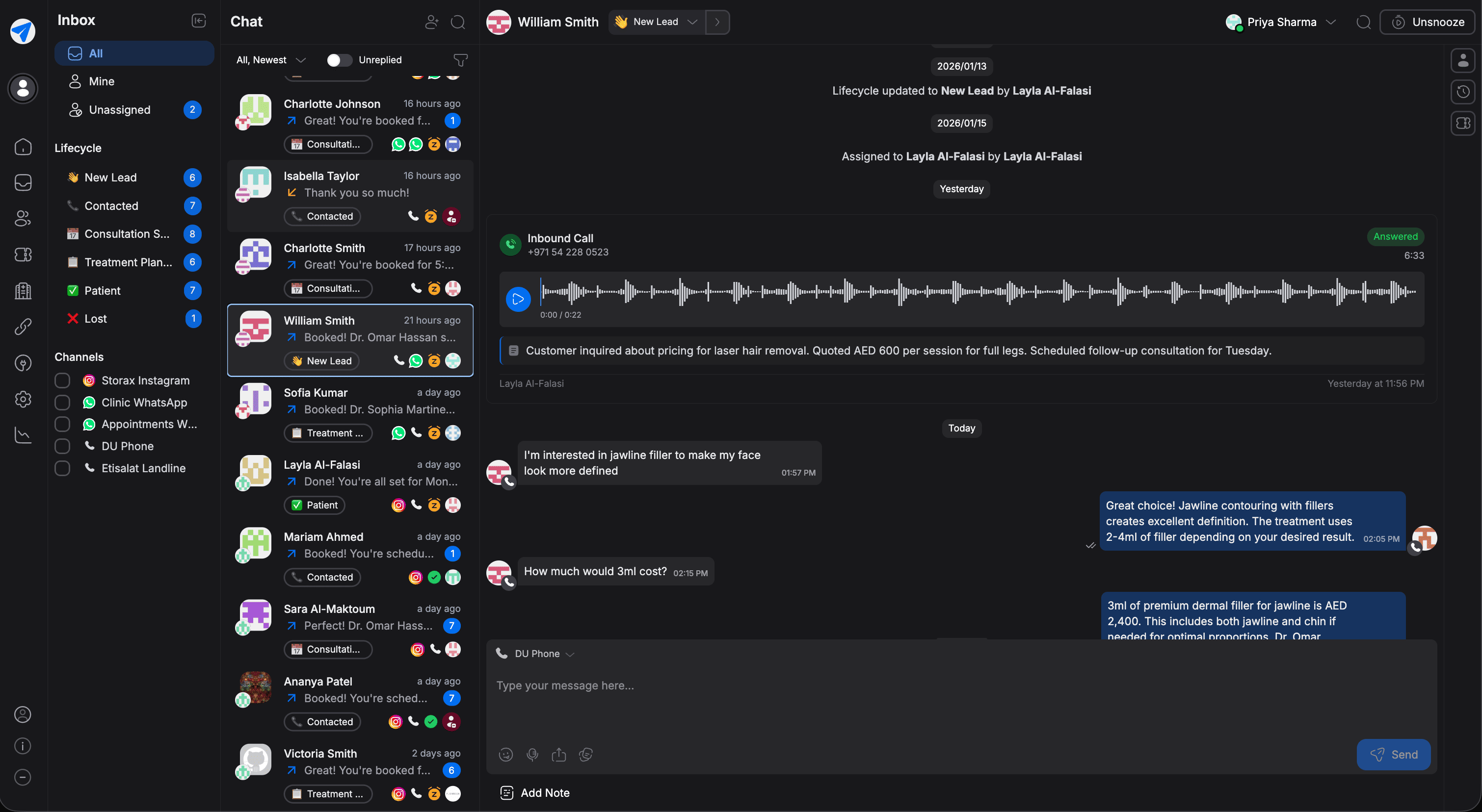 Replyn unified inbox showing conversations from WhatsApp, Instagram, and other channels